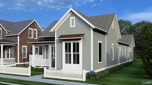 view of front of home with a standing seam roof, a front lawn, fence, and roof with shingles