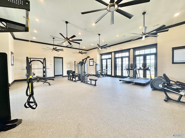 119 Moss Brook Ln, Madison, AL 35757 - workout area featuring recessed lighting, baseboards, a ceiling fan, and french doors