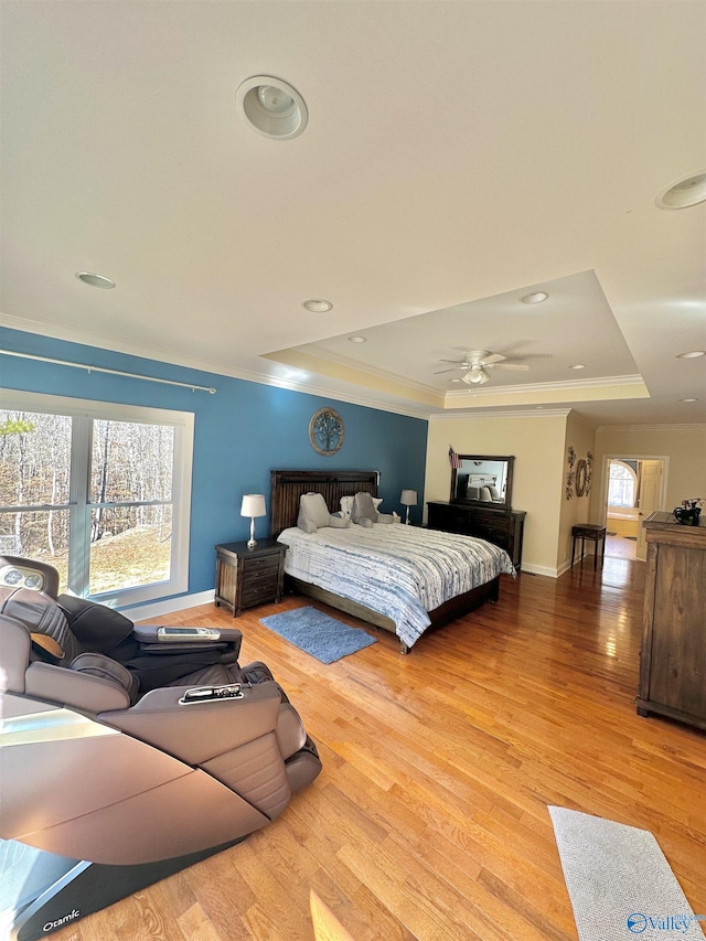 bedroom with multiple windows, a tray ceiling, and hardwood / wood-style flooring