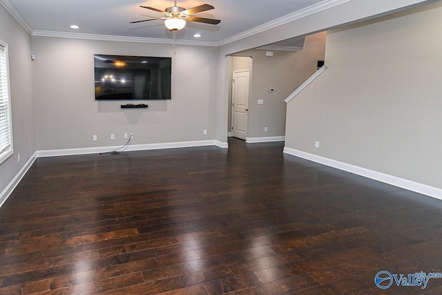 unfurnished living room featuring ceiling fan, crown molding, and dark wood-type flooring