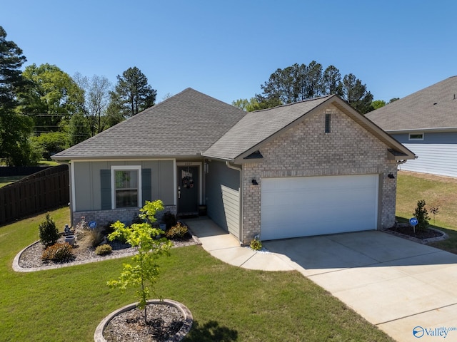 ranch-style house featuring a front lawn, driveway, brick siding, an attached garage, and a shingled roof