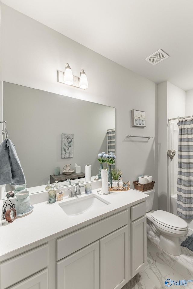 bathroom with toilet, visible vents, marble finish floor, curtained shower, and vanity