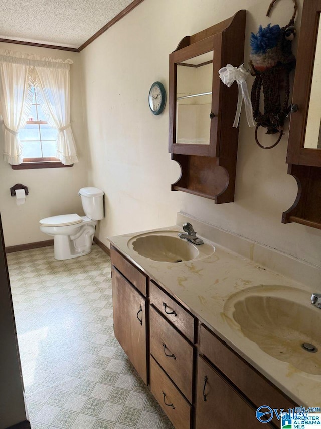 bathroom with vanity, a textured ceiling, ornamental molding, and toilet