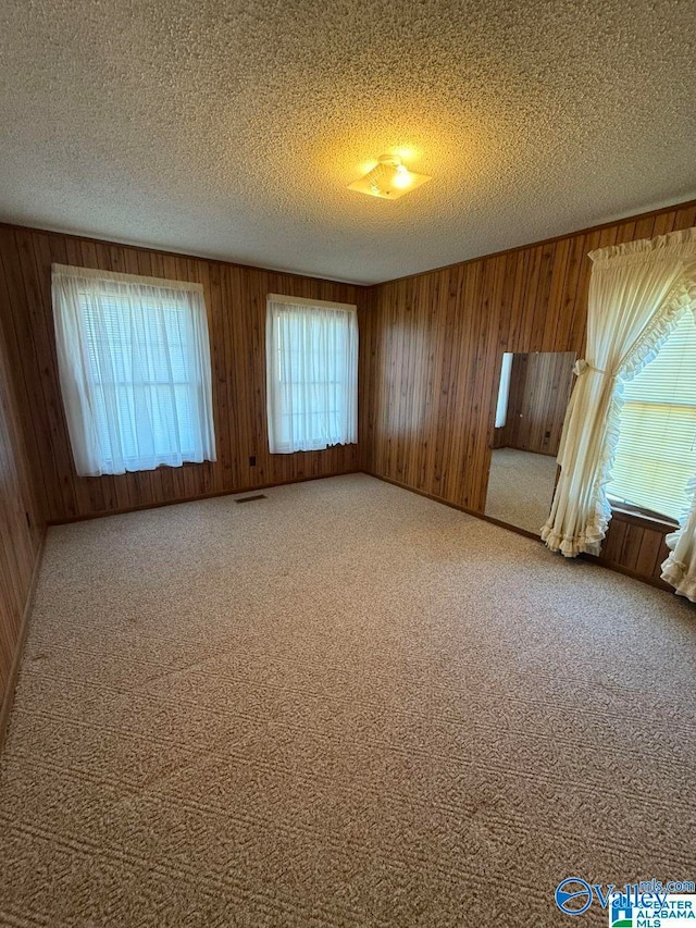 empty room with wood walls, a textured ceiling, and carpet flooring