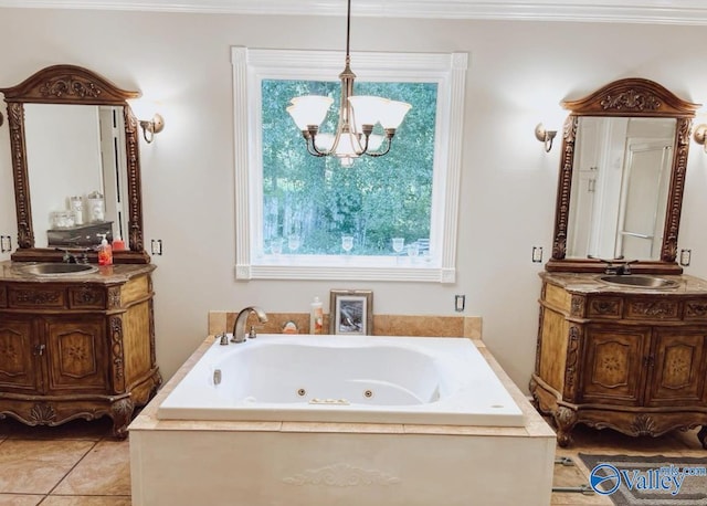 bathroom featuring crown molding, vanity, a notable chandelier, a tub to relax in, and tile patterned floors