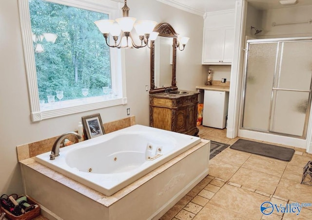 bathroom featuring crown molding, shower with separate bathtub, vanity, a notable chandelier, and tile patterned flooring