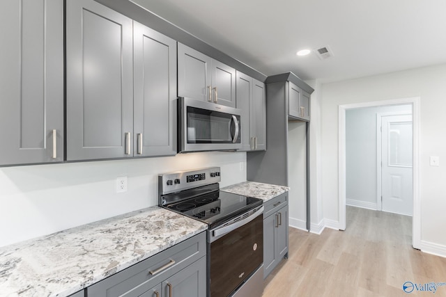 kitchen featuring gray cabinetry, light wood-style floors, visible vents, and stainless steel appliances