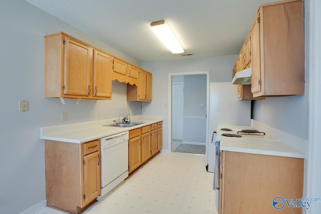 kitchen with under cabinet range hood, white appliances, a sink, light countertops, and light floors