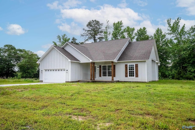 55 Edgewood St, Rainsville, AL 35986 - view of front facade featuring a garage, board and batten siding, a front lawn, driveway, and a shingled roof
