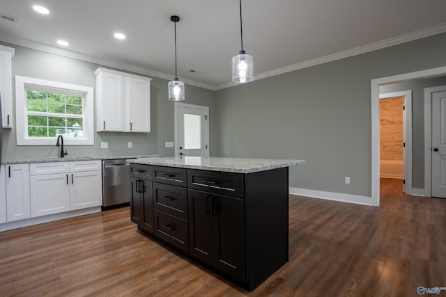 55 Edgewood St, Rainsville, AL 35986 - kitchen with dishwasher, a sink, dark wood-style floors, white cabinets, and crown molding