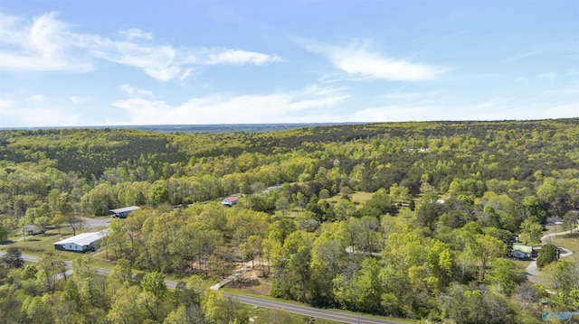 aerial view featuring a wooded view