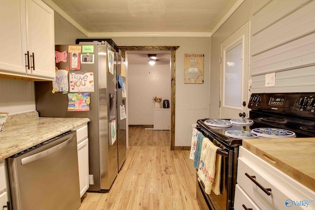 kitchen with dishwasher, black range with electric cooktop, light hardwood / wood-style flooring, crown molding, and white cabinets