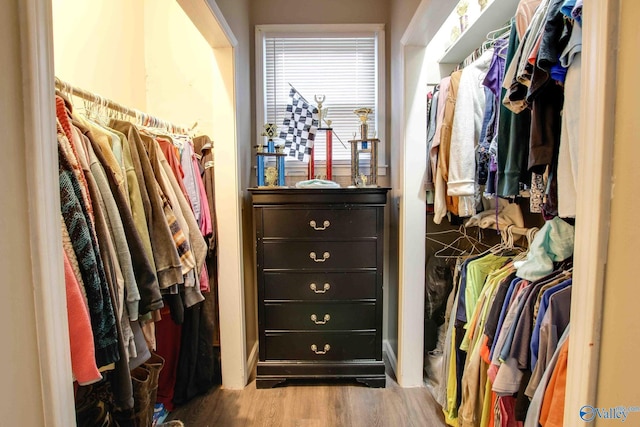 walk in closet with hardwood / wood-style floors