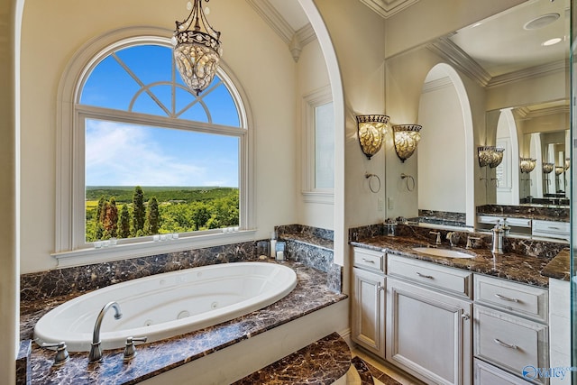 bathroom with vanity, a washtub, and crown molding