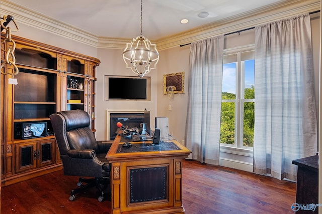 office featuring ornamental molding, dark hardwood / wood-style floors, and a chandelier