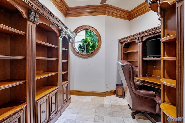 office with crown molding and ceiling fan