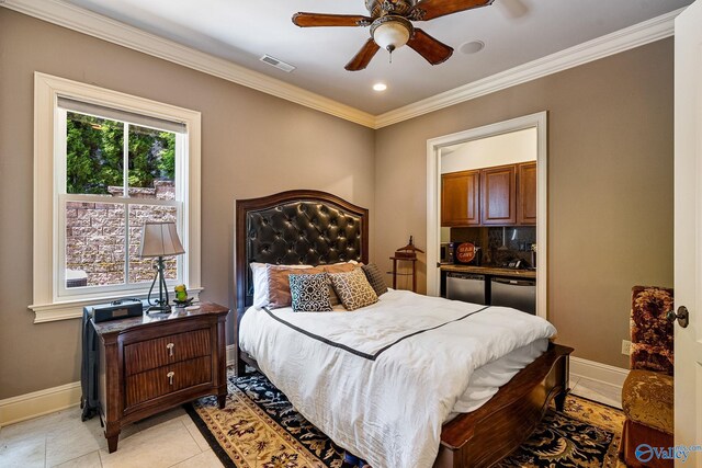 tiled bedroom with crown molding and ceiling fan