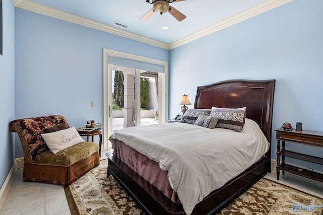 bedroom with crown molding, ceiling fan, access to outside, and light tile patterned floors