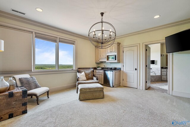 living area with an inviting chandelier, crown molding, and light colored carpet