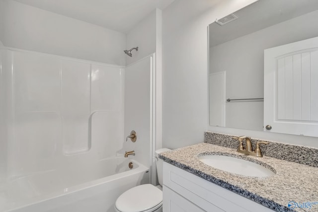 full bath featuring shower / washtub combination, visible vents, toilet, and vanity