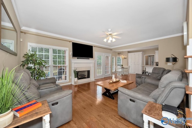 living room featuring crown molding, ceiling fan with notable chandelier, and light hardwood / wood-style flooring