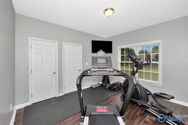 exercise room with dark hardwood / wood-style flooring