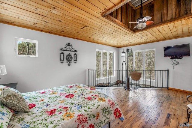 bedroom featuring multiple windows, wood-type flooring, and wood ceiling