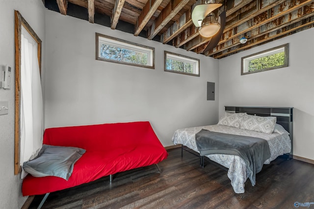 bedroom featuring hardwood / wood-style flooring, electric panel, and multiple windows