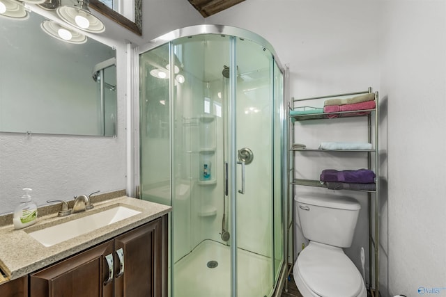 bathroom featuring vanity, toilet, and a shower with shower door