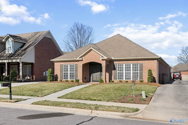 view of front of house with a front yard, a gate, brick siding, and a shingled roof