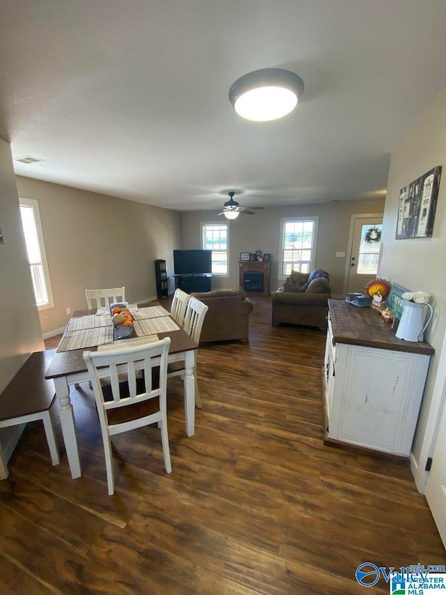 dining room with dark hardwood / wood-style floors and ceiling fan