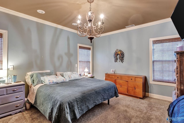 carpeted bedroom featuring a chandelier, baseboards, visible vents, and crown molding