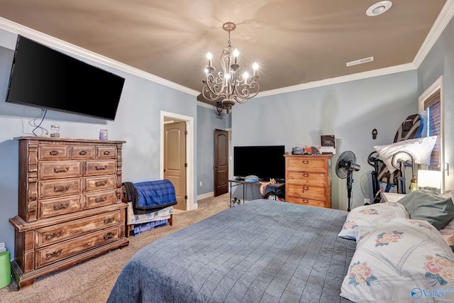 bedroom featuring a chandelier, light carpet, visible vents, baseboards, and crown molding