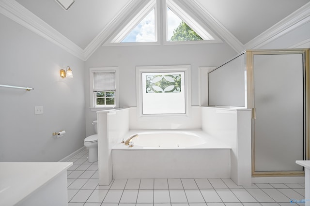 2600 SE Calumet Dr SE, Brownsboro, AL 35741 - bathroom featuring vaulted ceiling, a tub with jets, toilet, a shower stall, and ornamental molding
