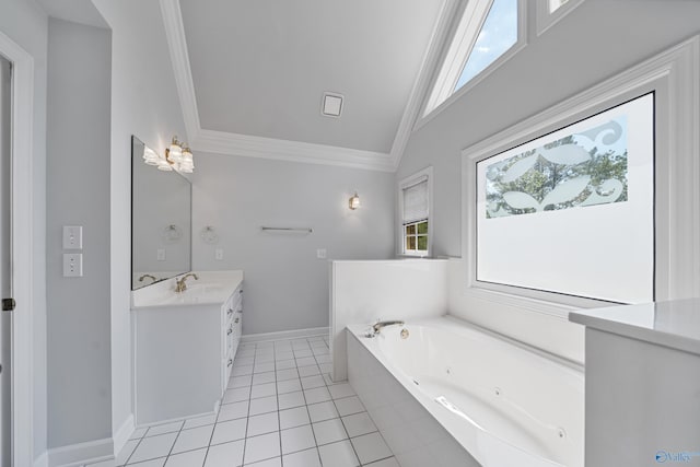 2600 SE Calumet Dr SE, Brownsboro, AL 35741 - full bath featuring ornamental molding, vanity, a whirlpool tub, baseboards, and tile patterned flooring