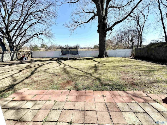 view of yard featuring a patio, a trampoline, and a fenced backyard