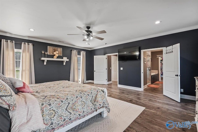 bedroom with baseboards, recessed lighting, crown molding, and wood finished floors