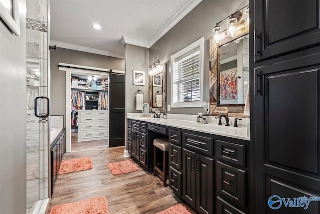 full bath featuring crown molding, a sink, wood finished floors, and double vanity