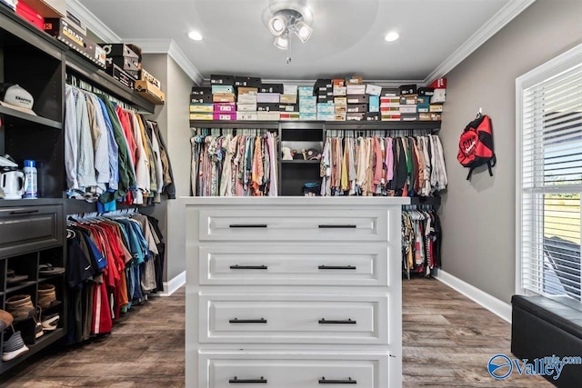 spacious closet featuring dark wood-style flooring and a ceiling fan