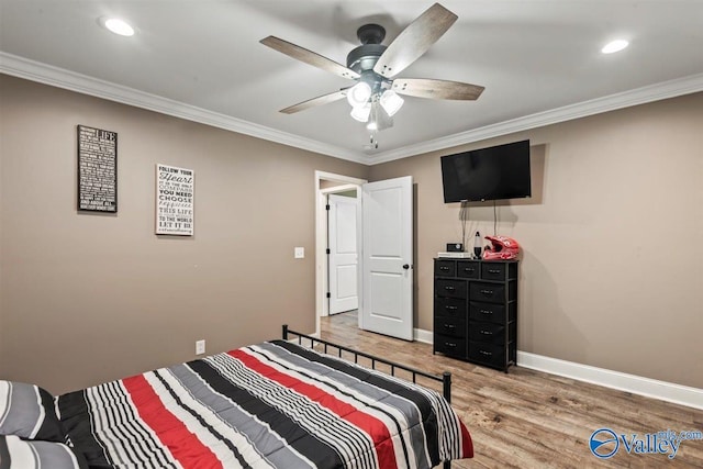 bedroom with recessed lighting, baseboards, ornamental molding, and light wood-type flooring
