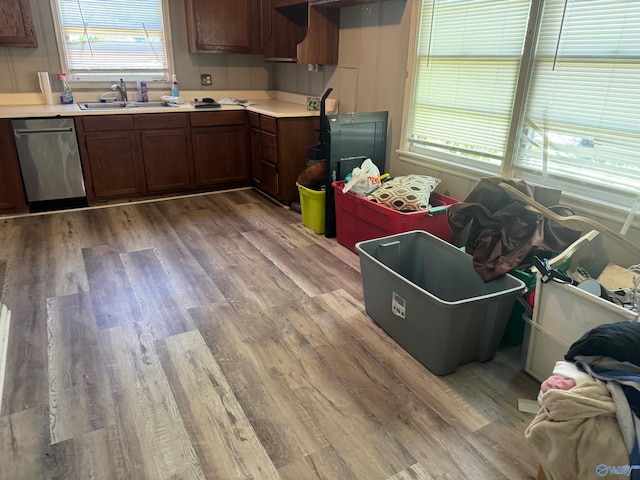 kitchen with stainless steel dishwasher, sink, light wood-type flooring, and dark brown cabinets