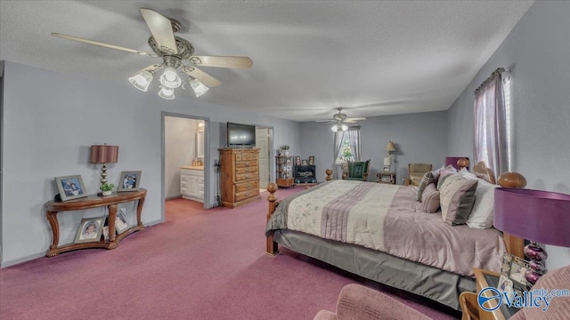 bedroom with a textured ceiling, ensuite bath, carpet flooring, baseboards, and ceiling fan
