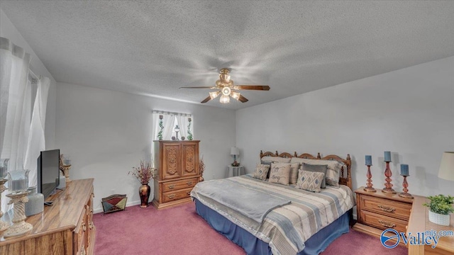 bedroom with baseboards, a textured ceiling, ceiling fan, and carpet flooring
