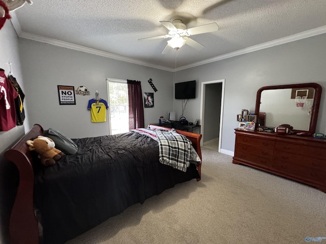 2032 Red Oak Ln NE, Arab, AL 35016 - bedroom featuring carpet floors, ornamental molding, a ceiling fan, and a textured ceiling
