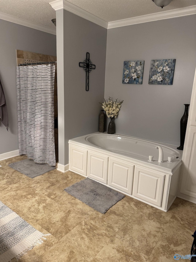 2032 Red Oak Ln NE, Arab, AL 35016 - full bathroom with a bath, a textured ceiling, curtained shower, and ornamental molding