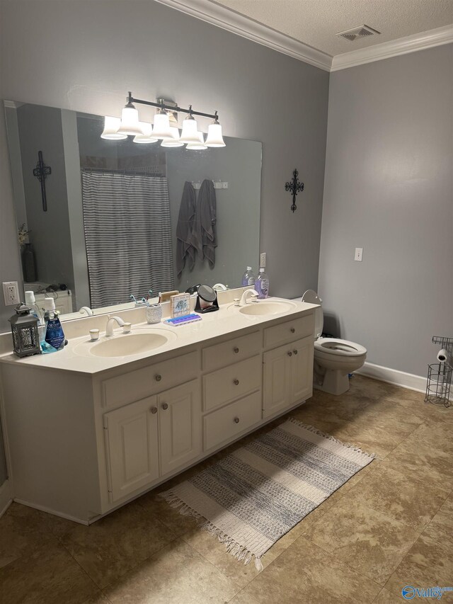 2032 Red Oak Ln NE, Arab, AL 35016 - bathroom with double vanity, crown molding, and curtained shower