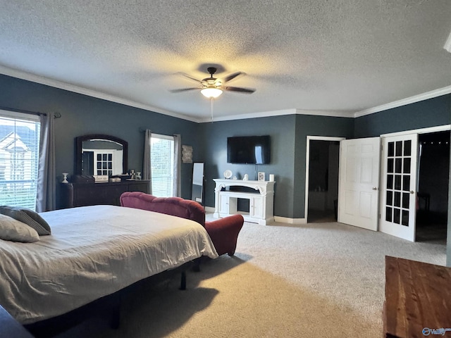 2032 Red Oak Ln NE, Arab, AL 35016 - bedroom with carpet, ornamental molding, a textured ceiling, and ceiling fan