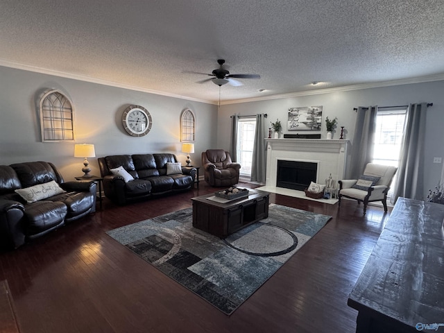 2032 Red Oak Ln NE, Arab, AL 35016 - living room with dark wood-style flooring, a ceiling fan, a fireplace with flush hearth, a textured ceiling, and crown molding