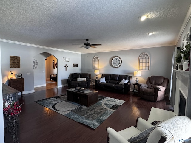 2032 Red Oak Ln NE, Arab, AL 35016 - living area featuring arched walkways, ceiling fan, a textured ceiling, wood finished floors, and crown molding