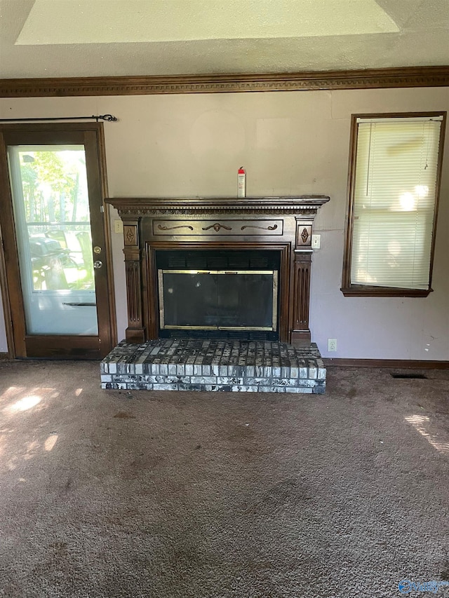 details featuring a brick fireplace and carpet